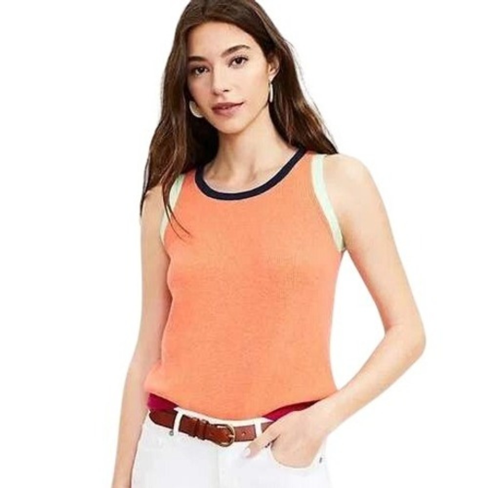 LOFT Colorblock Cotton Sweater Tank Top Orange Pink Green Medium NWOT Summer
